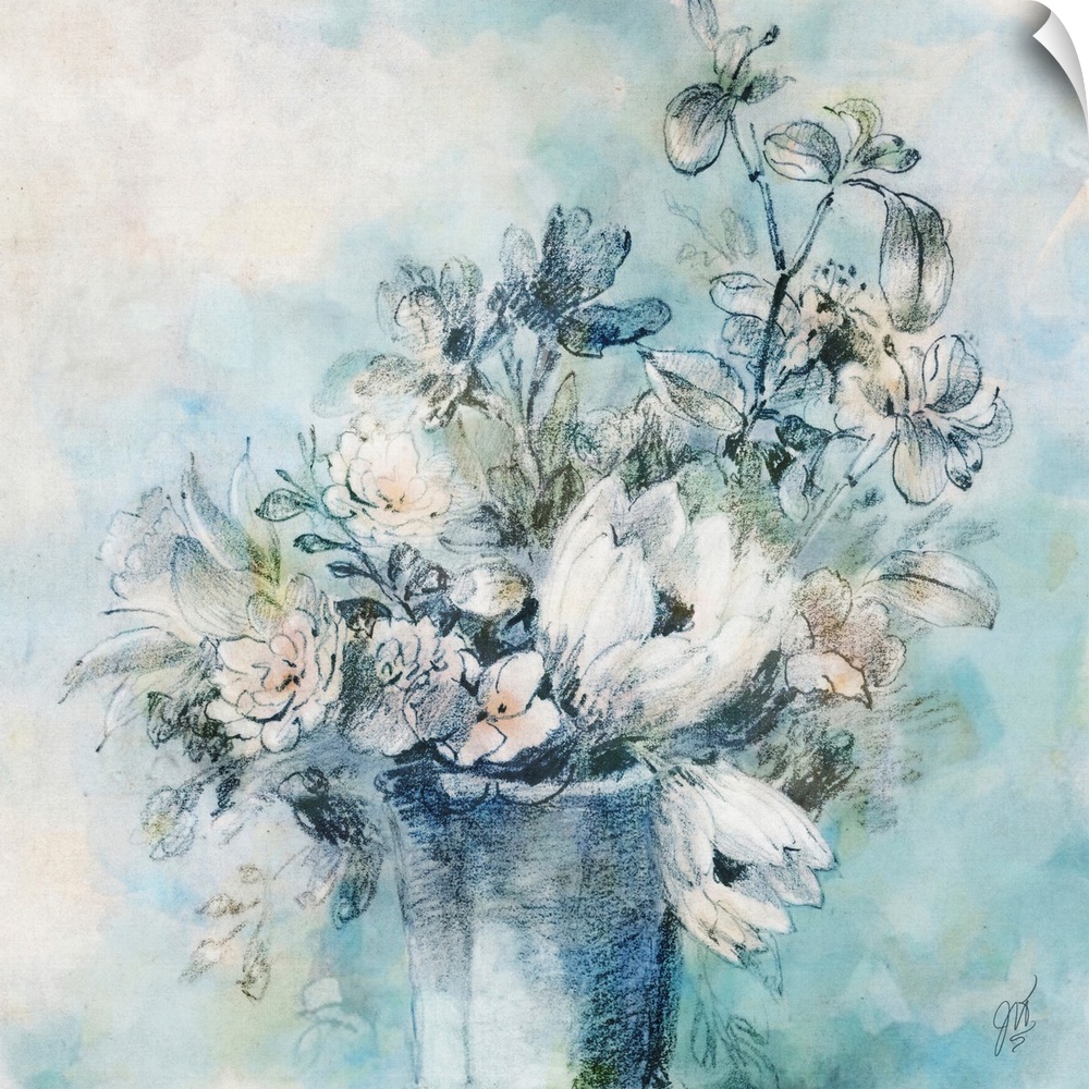 A modern sketch of a vase full of flowers in shades of turquoise and peach.