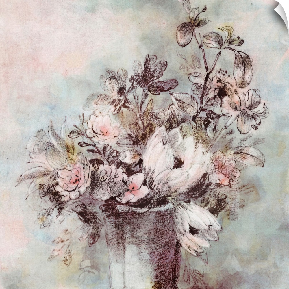 A modern sketch of a vase full of flowers in shades of peach and turquoise.