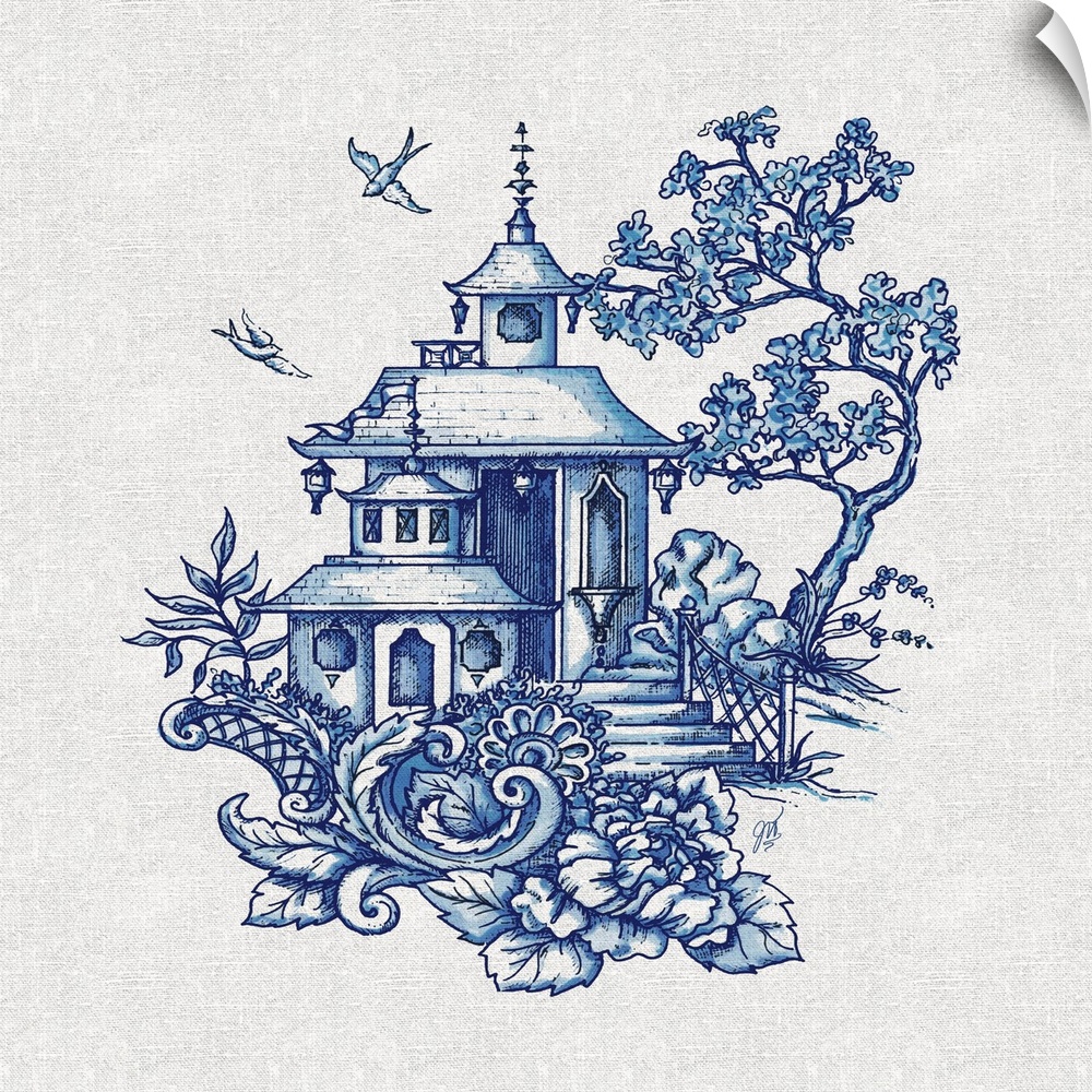 Chinoiserie featuring a pagoda with birds in flight in blue over a linen background.
