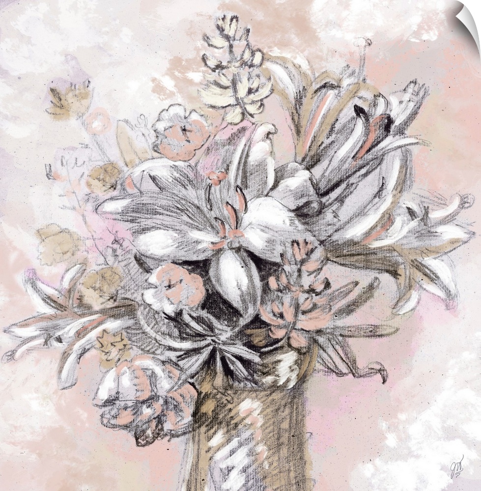 A modern sketch of a vase full of flowers in shades of pink and tan.