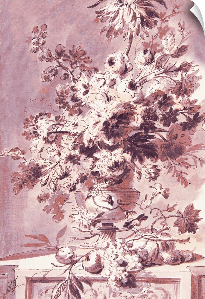 An old world sketch of a floral arrangement in subtle shades of rust and pink.