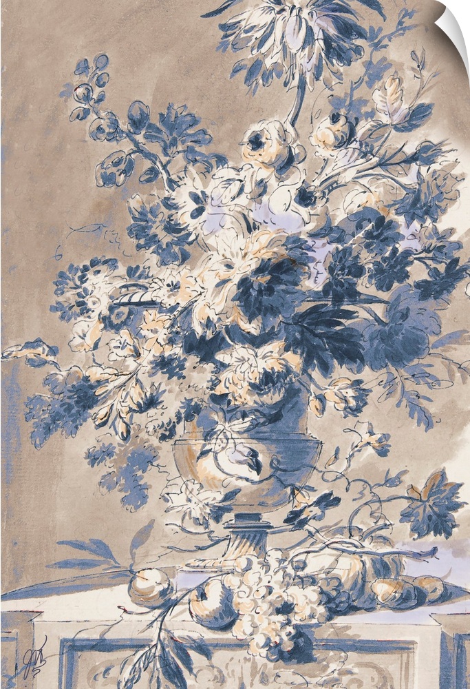 An old world sketch of a floral display in subtle shades of tan and powder blue.