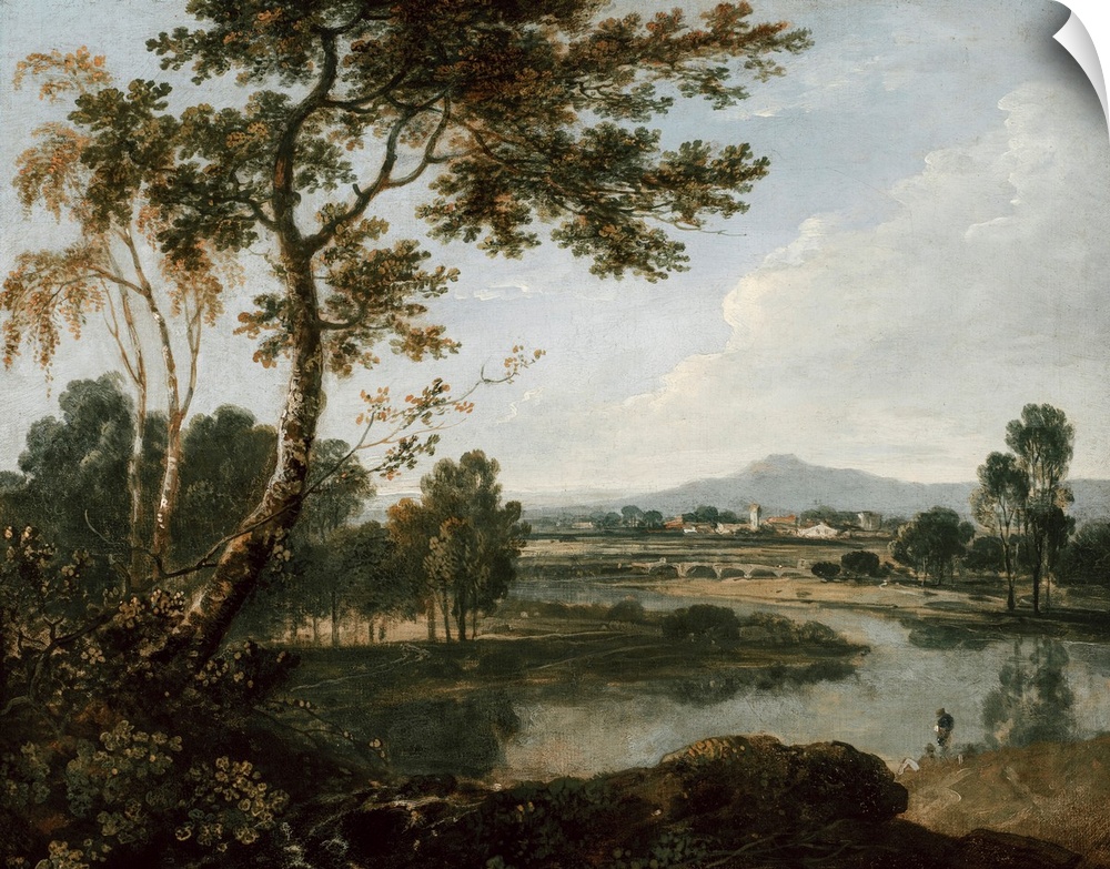 In this beautiful landscape, a tree stands at the river's edge, winding away toward a picturesque countryside estate.