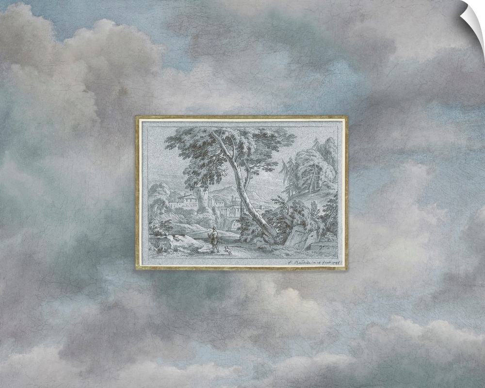 A vintage pastoral print of a villa in the county, framed in gold, floats above an ethereal sky filled with clouds.
