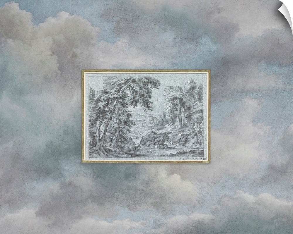 A vintage pastoral print of a castle in the county, framed in gold, floats above an ethereal sky filled with clouds.