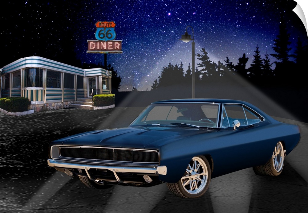 Digital art painting of a classic dark blue sportscar parked outside the Route 66 Diner by Helen Flint.