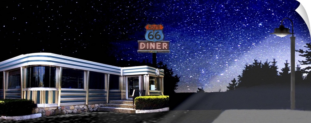 Digital art painting of the classic Route 66 Diner with a background sky of stars.