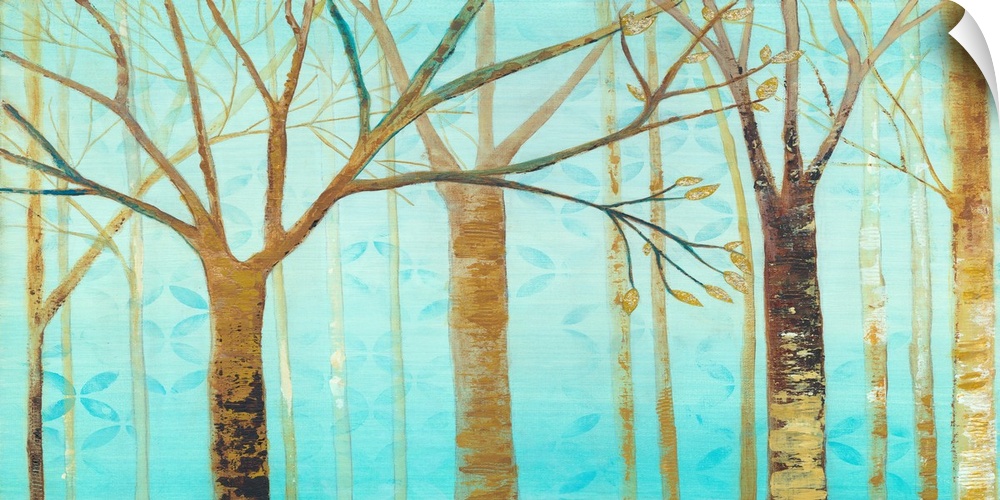 Contemporary artwork of brown trees against a teal background sky.