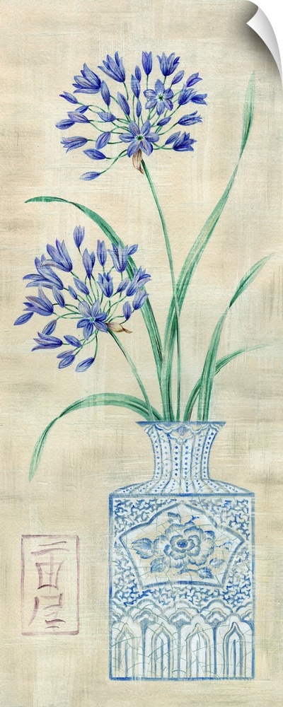 Digital art painting of an Asian floral display in vase against a light colored background.