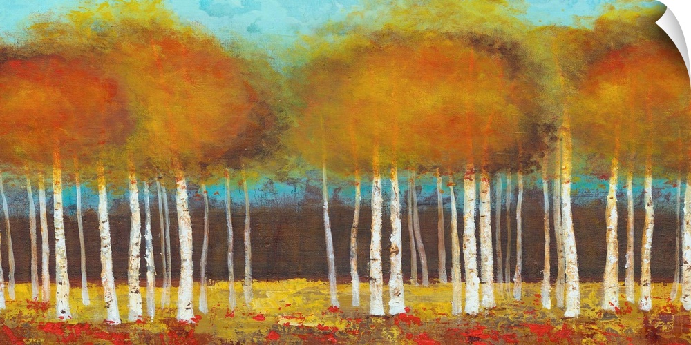 Contemporary painting of brown and orange trees against a teal background sky.