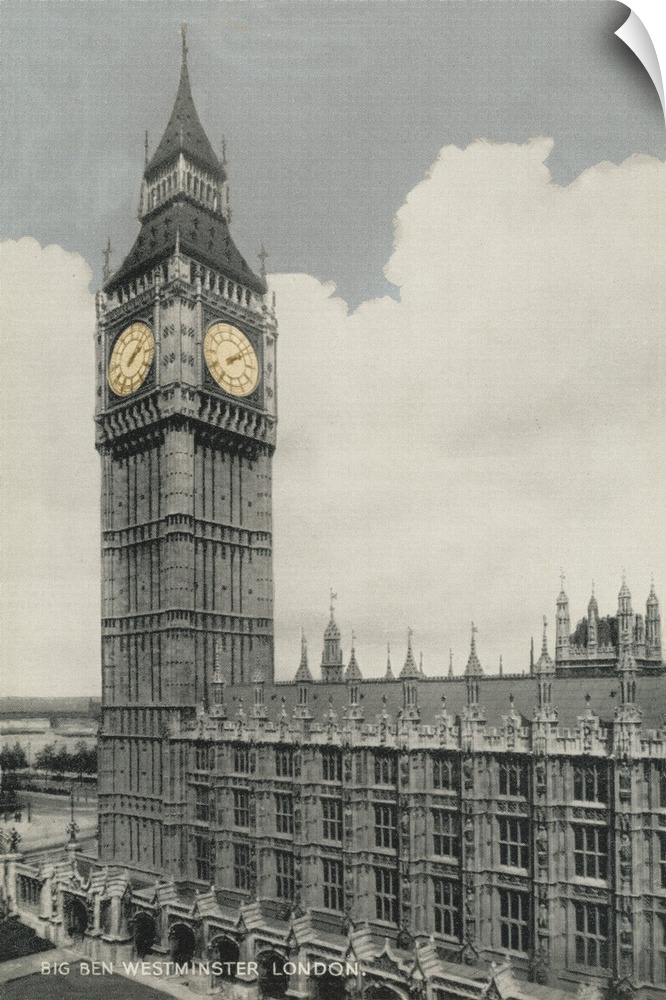 Vintage postcard of Big Ben and Parliament in London, England.