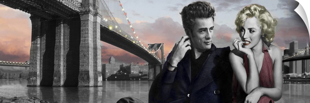 Painting of Marilyn Monroe and James Dean together near the Brooklyn Bridge.