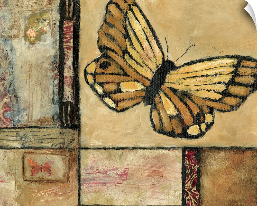 Contemporary artwork of a golden yellow butterfly over a distressed background.