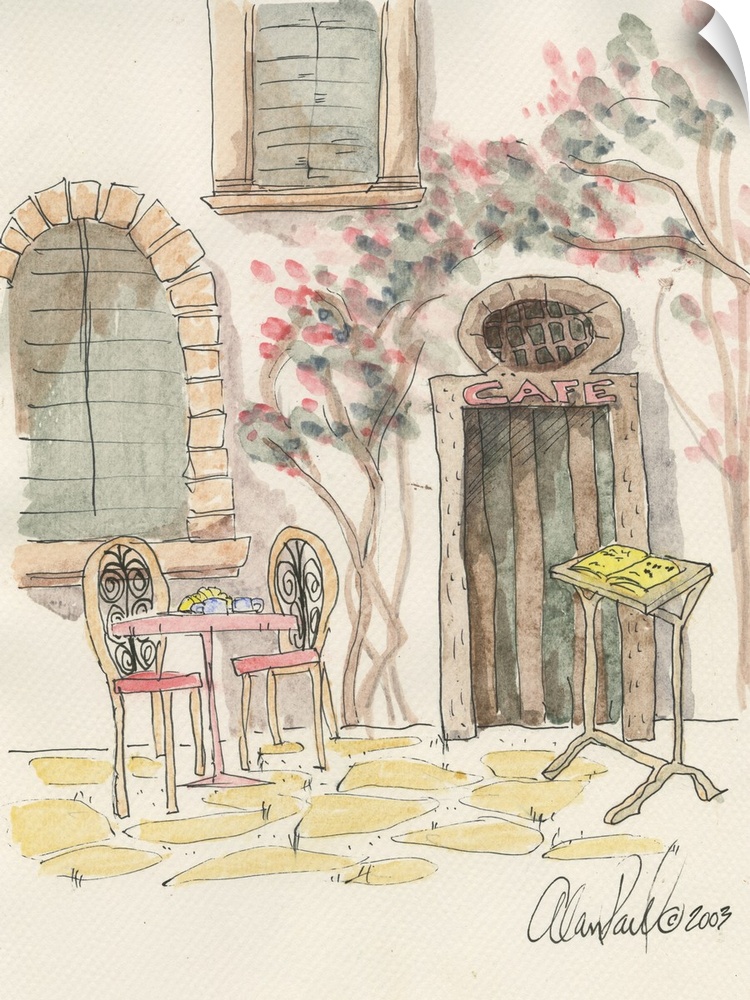 Watercolor painting with pen and ink details of a cafe table for two street scene in Italy by Alan Paul.