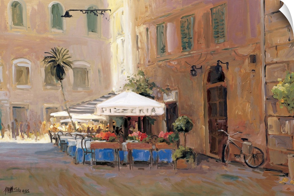Fine art oil painting landscape of a sunlit outdoor cafe and pizzeria in Rome, Italy by Allayn Stevens.
