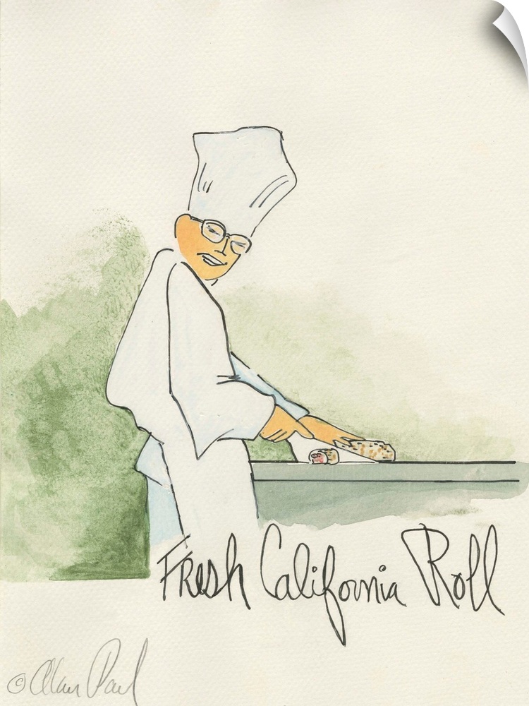 Watercolor painting with pen and ink details of a chef making sushi titled California Roll by Alan Paul.
