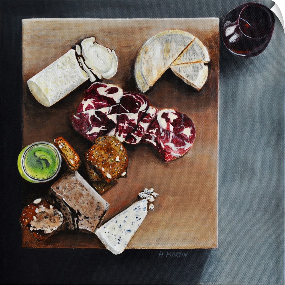 Fine art oil painting of a wooden cheese board with samples of brie, goats milk cheese, meat and hearty slices of bread pa...