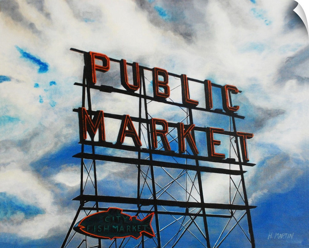 Fine art oil painting of the Public Market, City Fish Market sign in Seattle, Washington by Heidi Martin.