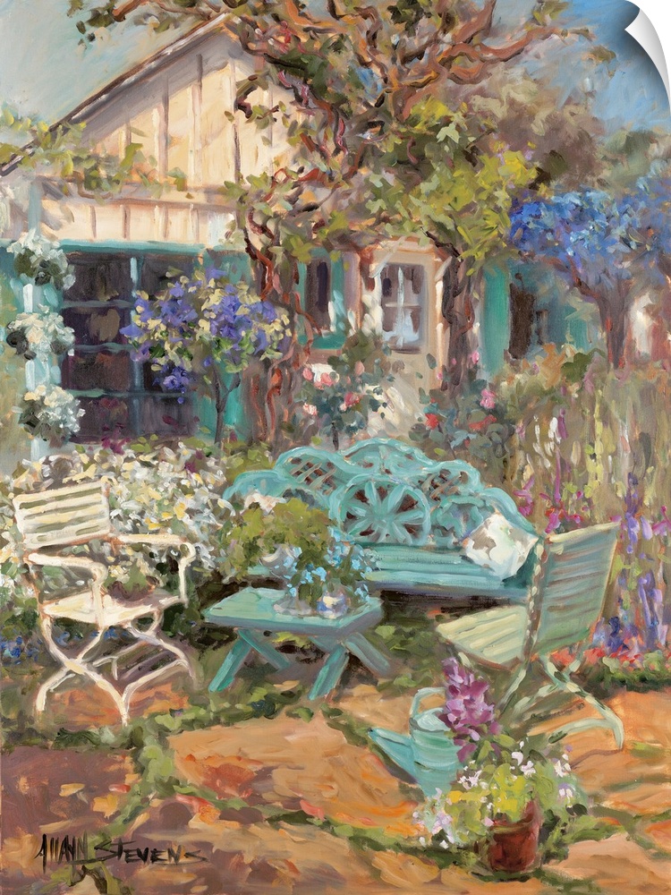 Fine art oil painting landscape of a front patio with flowers and plants by Allayn Stevens.