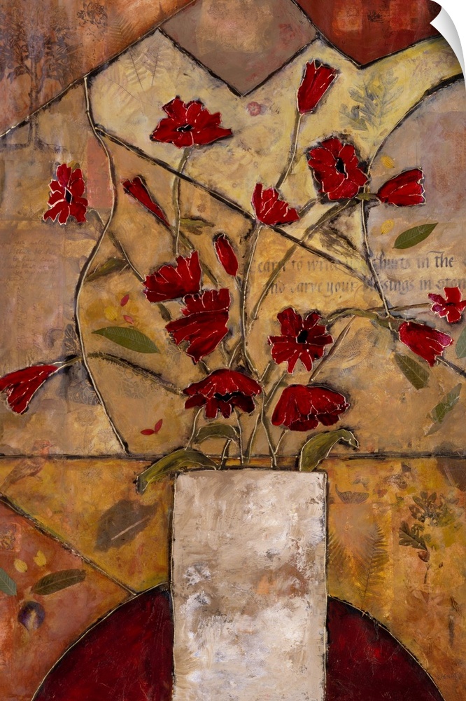 Contemporary painting of a bouquet of red flowers in a white vase over a mosaic inspired background.