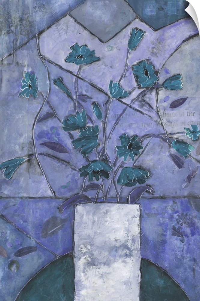 Contemporary painting of a bouquet of teal flowers in a white vase over a mosaic inspired background.