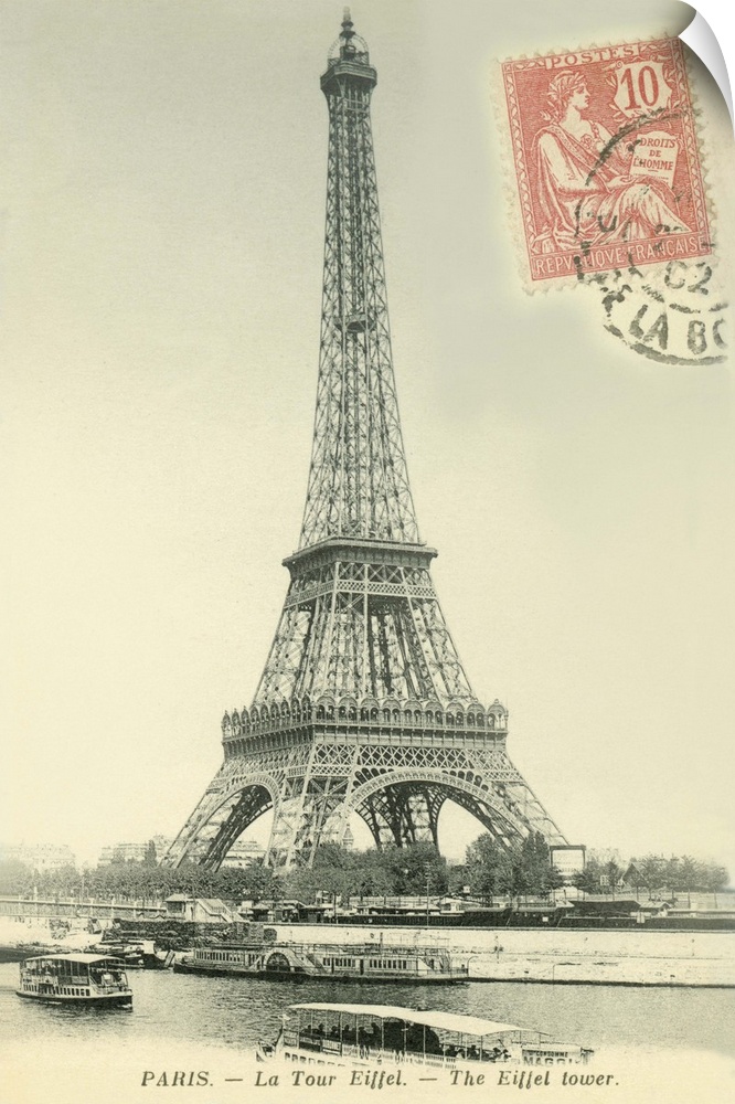 Vintage postcard of the Eiffel Tower in Paris, France, with a postage stamp on the front.