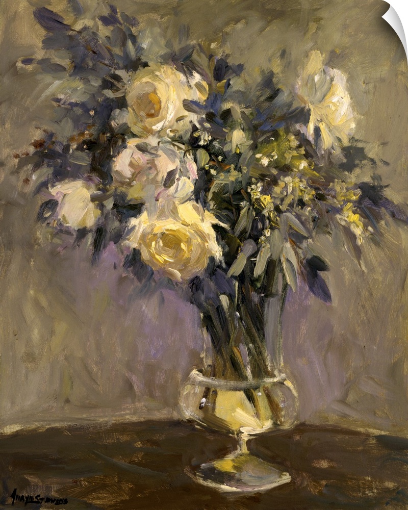 Fine art oil painting still life of yellow roses and lavender flowers in a clear glass vase on a table by Allayn Stevens.