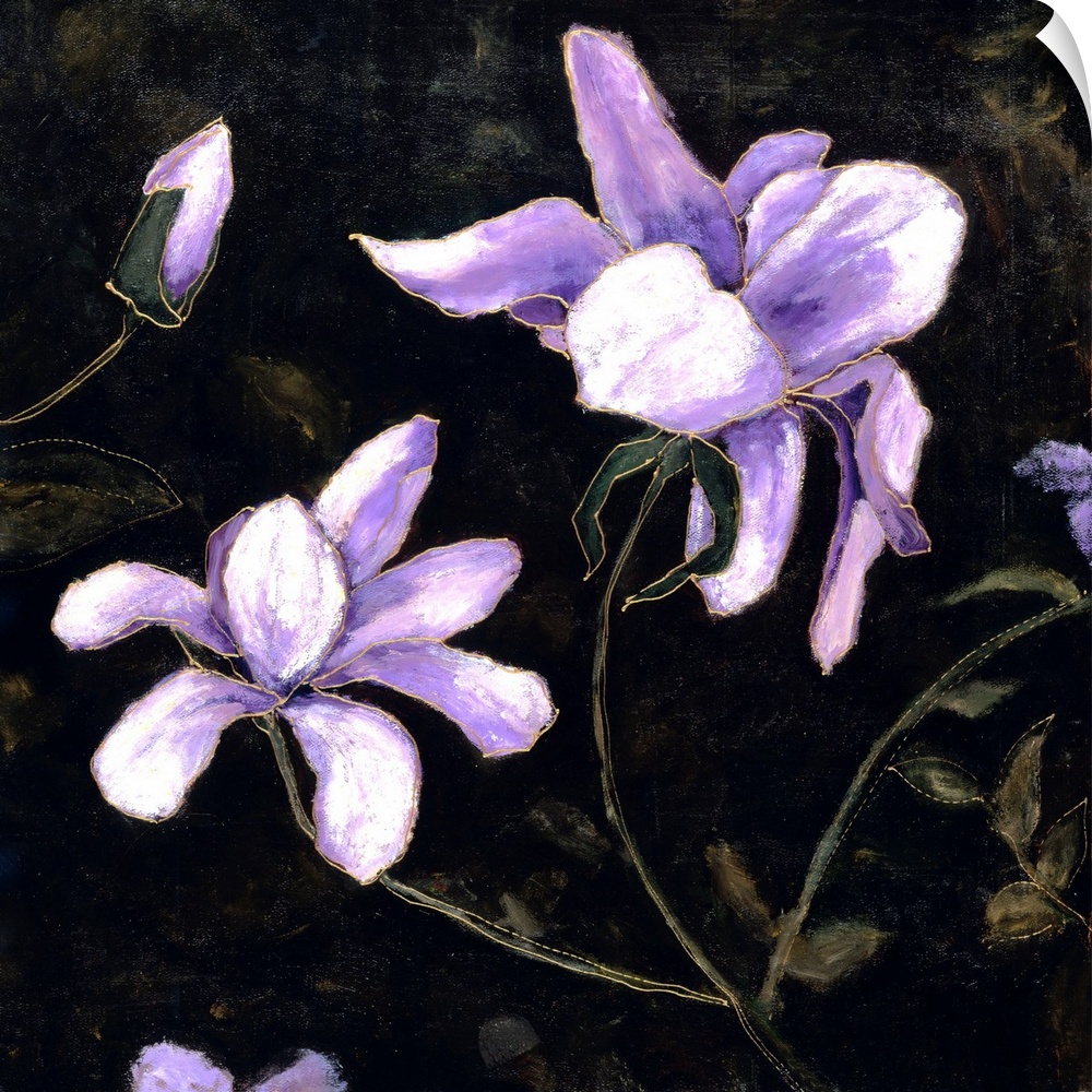 Contemporary painting of lavender flowers in bloom on a chalkboard background.