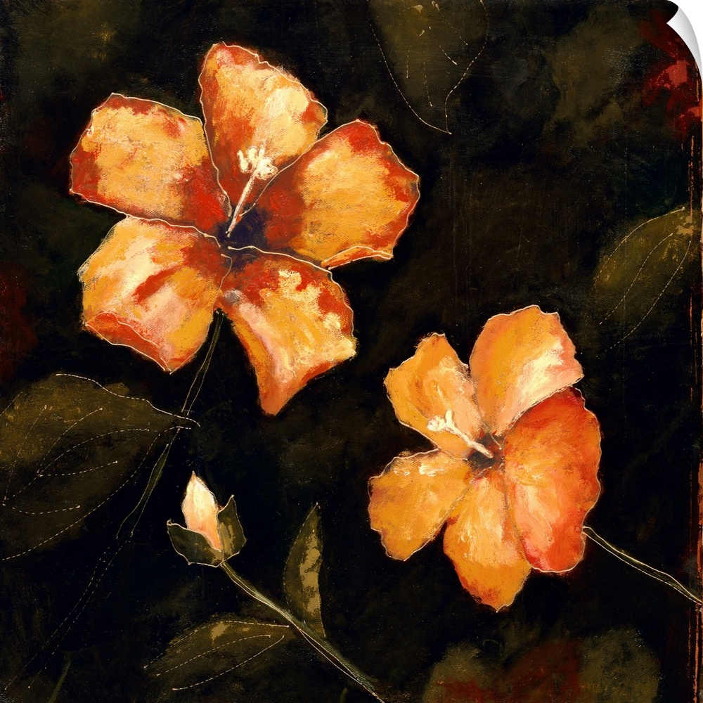 Contemporary painting of orange hibiscus flowers in bloom on a chalkboard background.