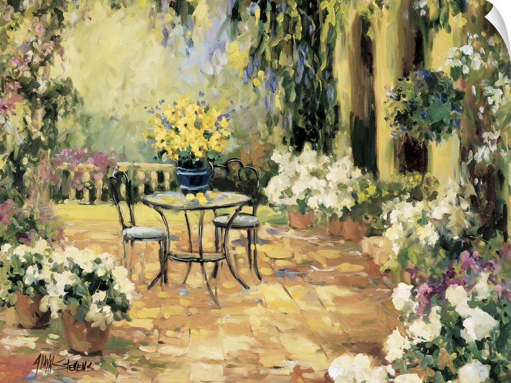 Fine art oil painting landscape of a floral courtyard with flowering plants and a table for two by Allayn Stevens.