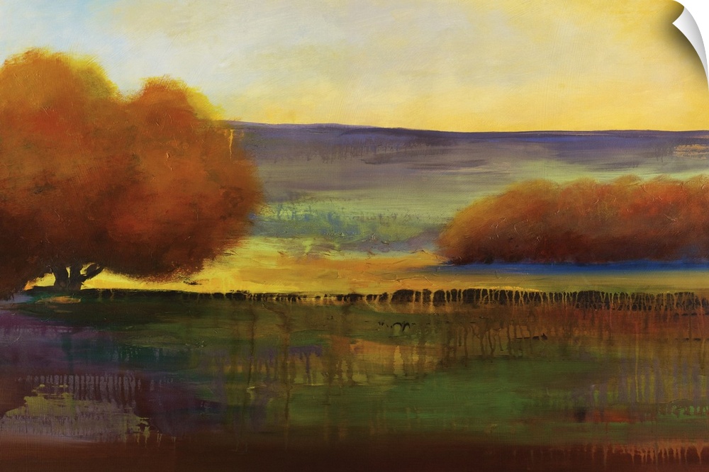 Contemporary artwork of a brightly colored landscape with fall trees against a shaded blue and yellow sky.