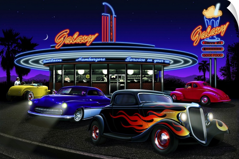 Digital art painting of the Galaxy Drive-In restaurant with four hot rod cars outside by Helen Flint.