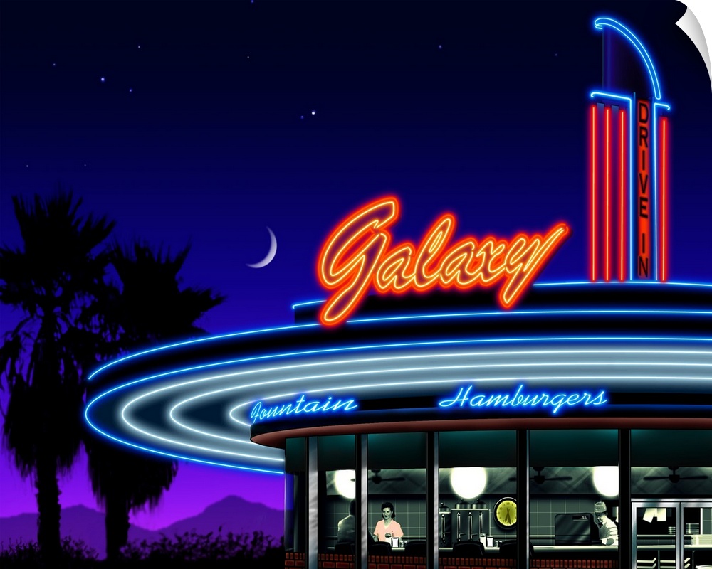 Digital art painting of the Galaxy Drive-In restaurant sign in glowing neon.