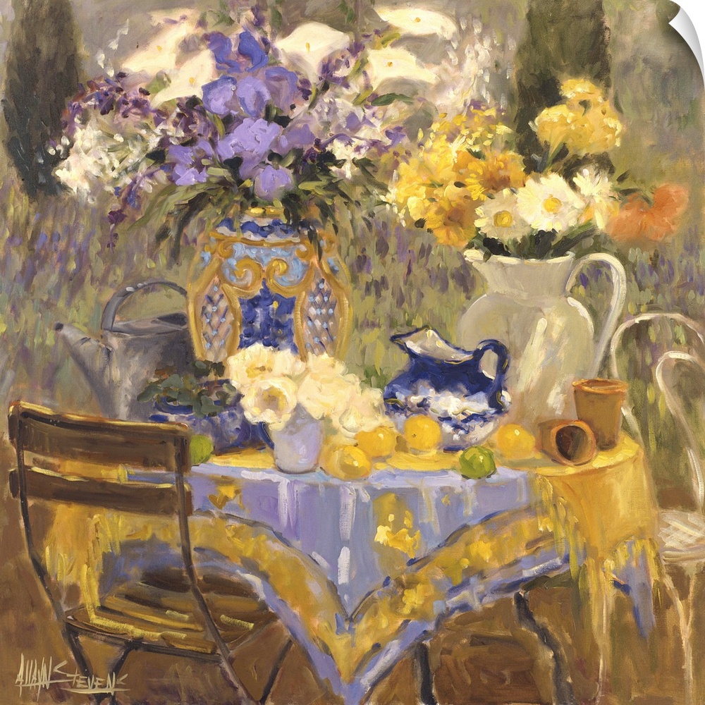 Fine art oil painting still life of beautiful yellow and lavender colored flowers set on outdoor table in the garden by Al...
