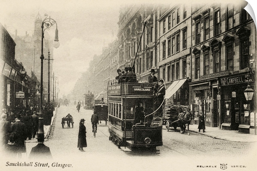 Vintage postcard of a street in Glasgow, Scotland, with a trolley.