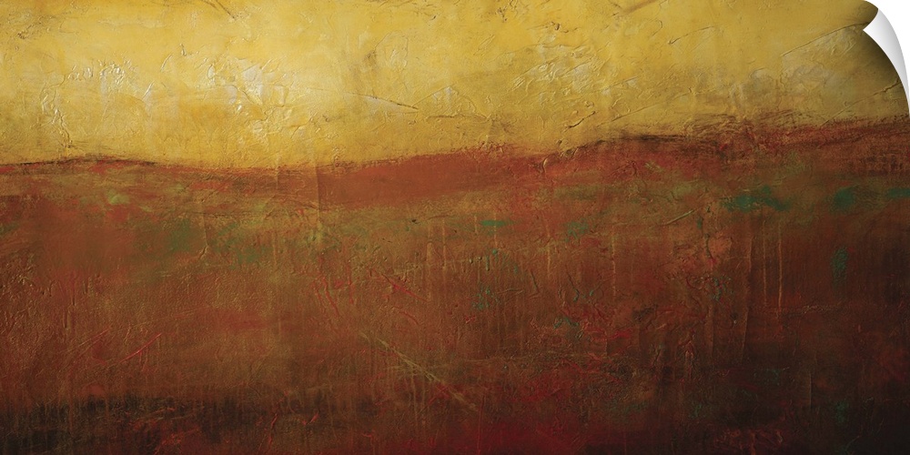 Abstract artwork of a golden hued sunrise illuminating a smoky orange hilltop.
