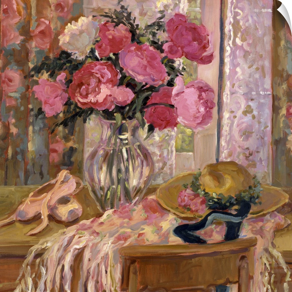 Fine art oil painting still life of flowers, ballet slippers and a hat on a table in beautiful shades of pink and green by...