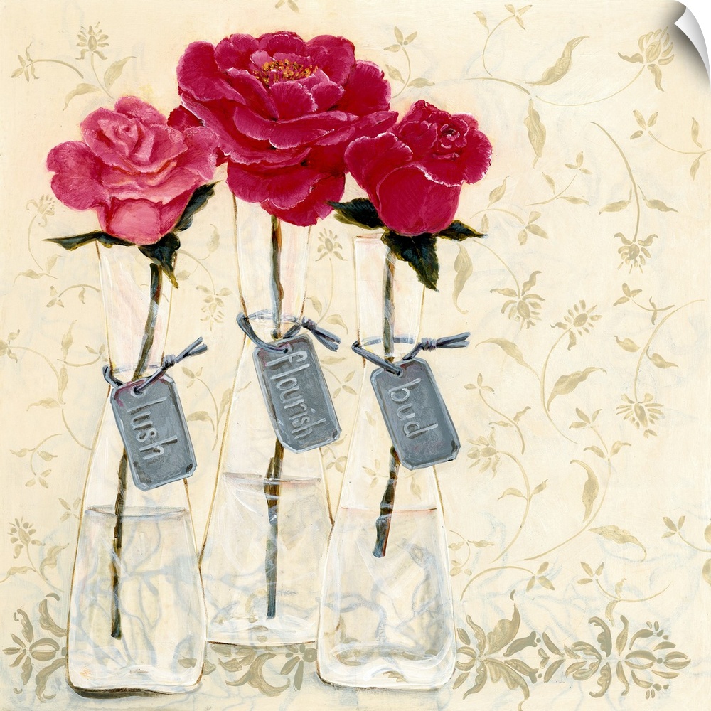 Contemporary painting of three flowers in shades of pink with tags attached to the vases that read left to right, "Lush, F...