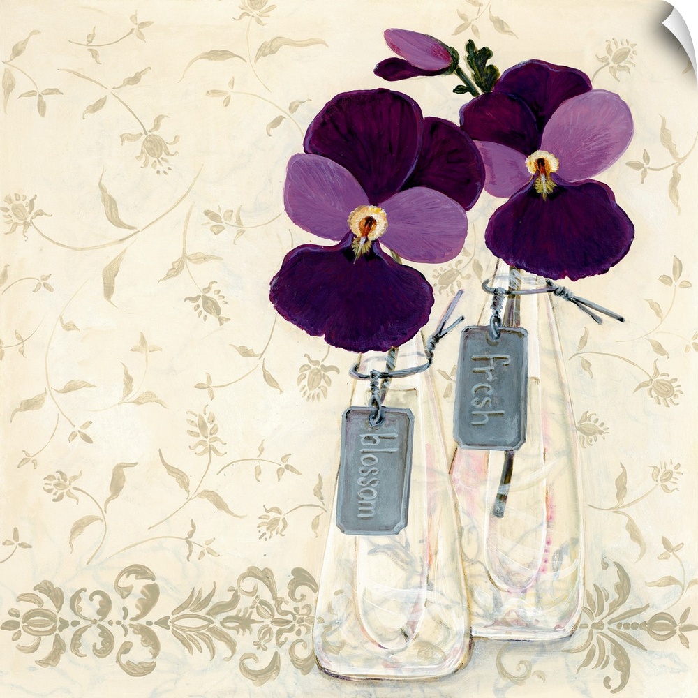 Contemporary painting of two flowers in shades of purple with tags attached to the vases that read left to right, "Blossom...