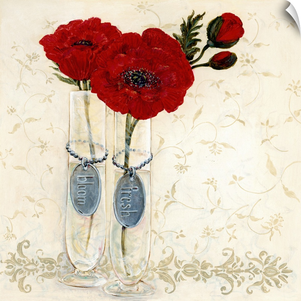 Contemporary painting of two flowers in shades of red with tags attached to the vases that read left to right, "Bloom, Fre...