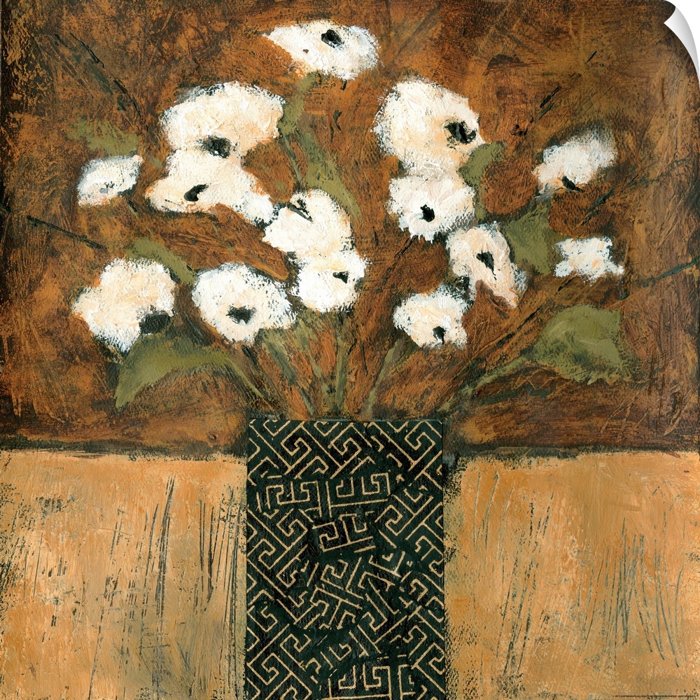 Contemporary painting of a bouquet of white flowers in a patterned vase.