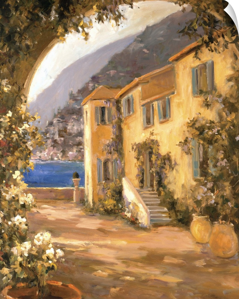 Fine art oil painting landscape of a seaside Italian villa drenched in a warm wash of sunlight by Allayn Stevens.