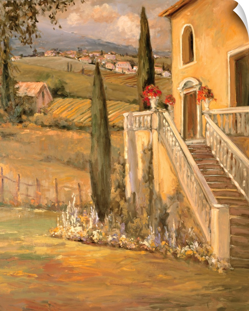 Fine art oil painting landscape of an Italian villa farmhouse drenched in a warm wash of sunlight by Allayn Stevens.