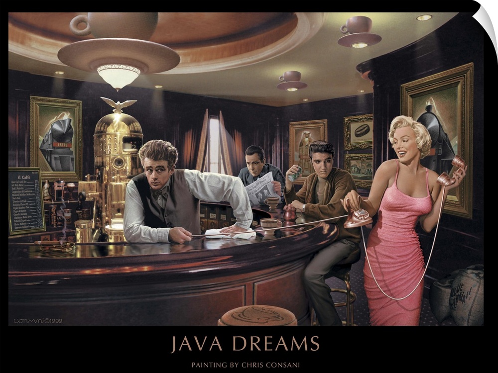 Painting of Marilyn Monroe in a coffee shop with James Dean as a barista.