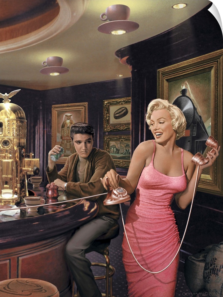 Digital fine art image of Marilyn Monroe and Elvis Presley at a vintage themed bar.