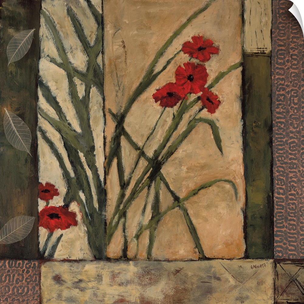 Contemporary painting of red poppy blooms with leaves and a geometric style background.