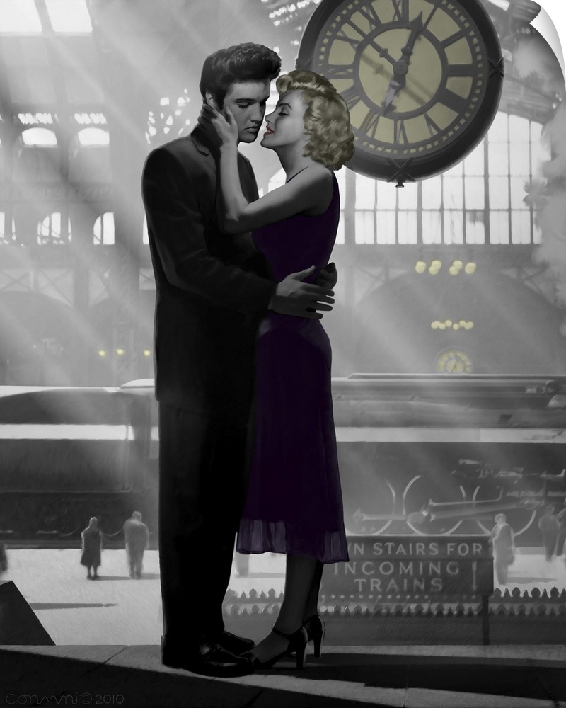 Painting of Marilyn Monroe and Elvis Presley embracing in a train station.