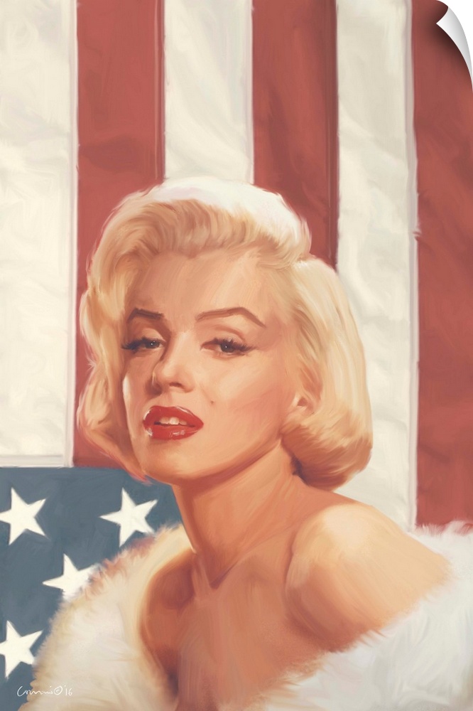 Painting of actress Marilyn Monroe against an American Flag.