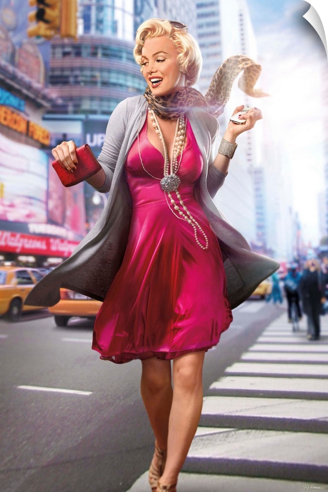 Digital art painting of Marilyn Monroe, in full color, strolling down the avenue in New York City by JJ Brando.