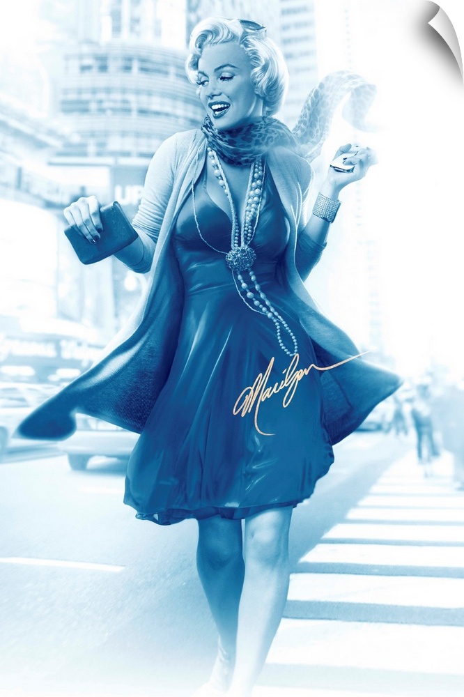 Marilyn Monroe walking down a city street in blue tones.
